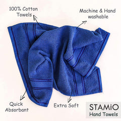 Stamio Cotton Hand Towel 800 Gsm | Soft, Absorbent, Quick Dry, Small Size Towels, Travel Friendly Towel (Navy Blue) - Set Of 4