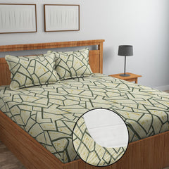 Pure Cotton Full Elastic Fitted Bedsheets For Double King Size Bed With 2 Pillow Covers | 72x78+10 Inches, Green | Super Soft Brushed Glace | Breathable & Wrinkle Free