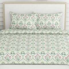 Bedsheet King Size 100% Pure Cotton Floral Sheet With 2 Pillow Covers | 108 X 108 Inches, Green & Pink | Perfect For Gifting On Weddings, Housewarmings, Or Anniversaries