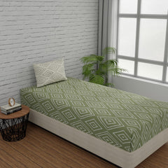 144 TC Single Bedsheet Elastic Fitted Pure Cotton With 1 Pillow Cover - 36 X 78 Inches, Sage Green & White | Breathable & Wrinkle Free Bedsheet