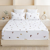 Printed Queen Size Elastic Fitted Bedsheet With 2 Pillow Covers - 71 X 77 Inches, White | Perfect For Home Decor & Gifting