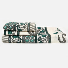 Easygoods Waffle 1 Bath & 2 Hand Towels Beautiful Pure Cotton Hand Block Printed Soft Water Absorbent Towels 250 Gsm (Garden Green) | Pack Of 3