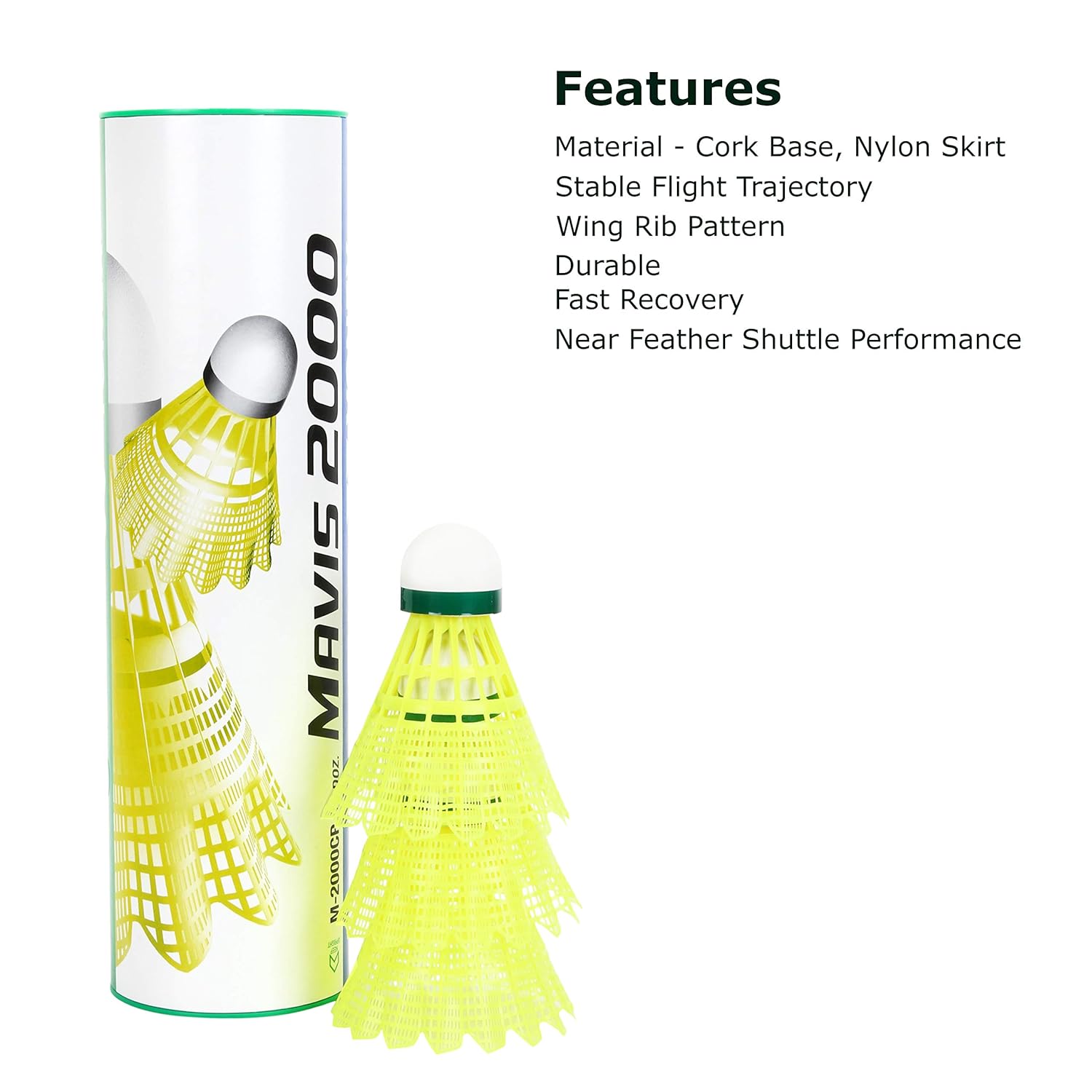 Yonex MAVIS 2000 Green Cap Nylon Shuttlecock, Pack Of 6, Colour - Yellow Yonex MAVIS 2000 Green Cap Nylon Shuttlecock, Pack Of 6, Colour - Yellow