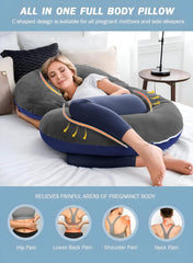 C Shaped Pillow, Pregnancy Pillow For Maternity & Baby Nursing - Grey & Dark Blue | Pregnant Women Stomach, Spine, Neck Support, Velvet Outer Cover With Zip, Adjustable, Multipurpose Use
