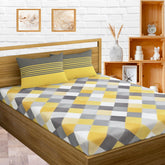 100% Pure Cotton Bedsheet For Double Bed With 2 Pillow Covers - 88 X 90 Inches, Yellow & Grey | Soft & Breathable Fabric | Comfortable For Daily Use
