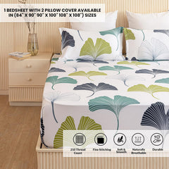 White & Green King Size Bedsheet With 2 Pillow Covers - 108 X 108 Inches | Luxurious Printed Flat Sheets | Perfect For Home Decor & Gifting