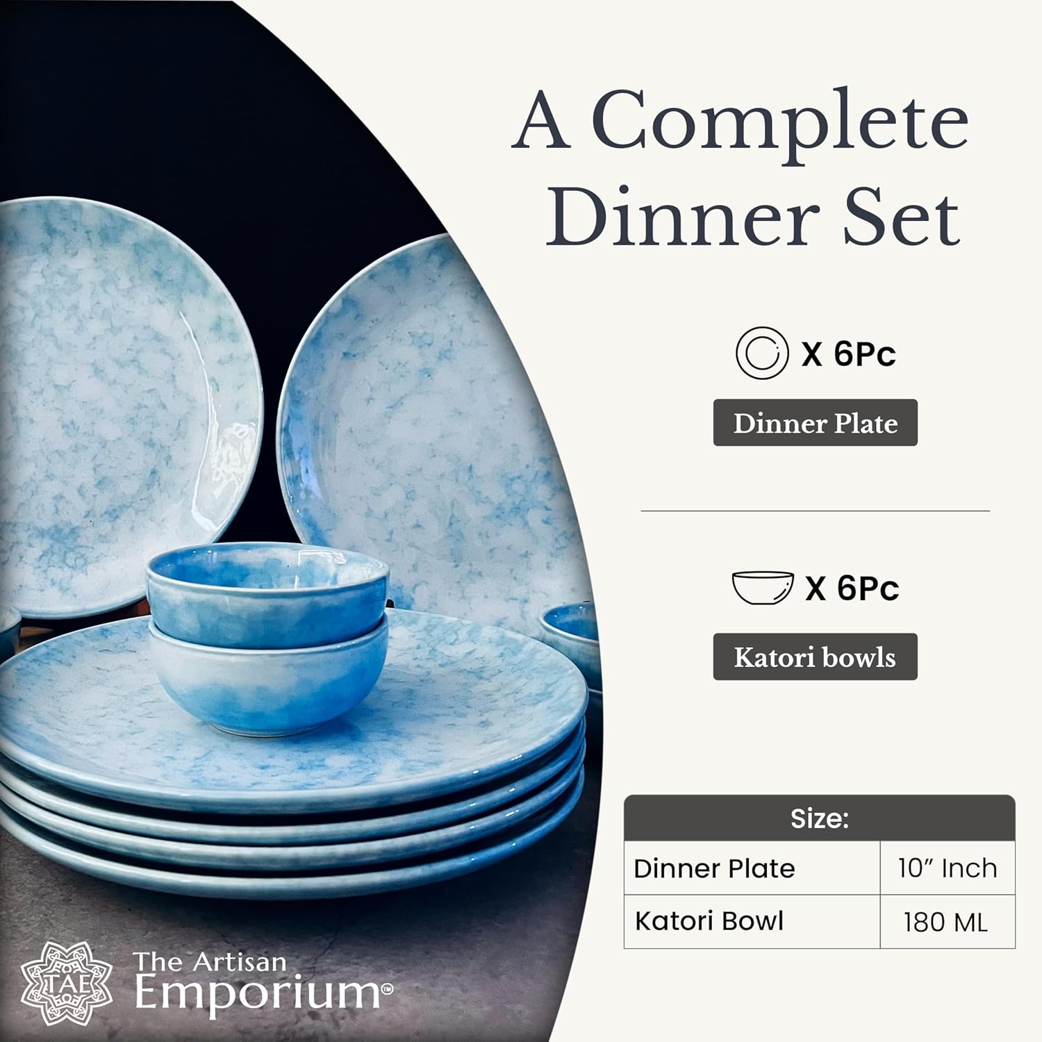 Neelam Handcrafted Ceramic Dinner Set - 12 Pieces, Blue | 6 Dinner Plates + 6 Katori Bowls, 180ml Each Dinnerware Set | Serving For 6, Microwave Safe & Dishwasher Safe Neelam Handcrafted Ceramic Dinner Set - 12 Pieces, Blue | 6 Dinner Plates + 6 Katori Bowls, 180ml Each Dinnerware Set | Serving For 6, Microwave Safe & Dishwasher Safe