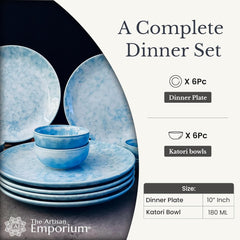 Neelam Handcrafted Ceramic Dinner Set - 12 Pieces, Blue | 6 Dinner Plates + 6 Katori Bowls, 180ml Each Dinnerware Set | Serving For 6, Microwave Safe & Dishwasher Safe