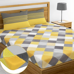 King Size Printed Bedsheet For Double Bed 2 Pillow Cover - 72 X 78 Inches, Yellow & Grey | All Around Elastic Fitted - Ultra Soft & Breathable