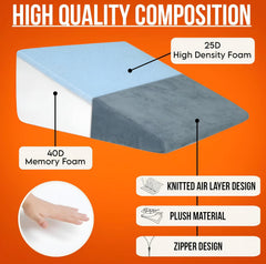 Wedge Pillow Memory Foam For Pain Relief, Grey - 18 L X 17.5 W X 11 H Inch | Wedge Cushion, For Back Support, Acid Reflux, Snoring, Gerd, Leg Elevation, Pregnancy | Removable Velvet Cover