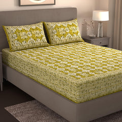 Handloom Printed Double Bedsheet For Queen Size With 2 Matching Pillow Cover | Size 90 X 100 Inches, Mustard Green - Cotton Bedsheets For Double Bed | Soft & Smooth