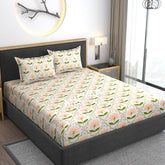 Premium Cotton Bedsheets Elastic Fitted With 1 Pillow Covers - Size - 48 X 78 Inches, Orange Leaves | Single Mattress Bed With All Around Elastic 350 TC Super Soft