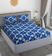 1 Double Bedsheet With 2 Pillow Covers Size 60 X 78 X 8 Inches, Blue | Cotton Feel All Around Elastic Fitted - Queen Size Bedsheets, Super Soft 320 TC