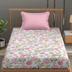 Soft Cotton Single Size Bedsheet With 1 Pillow Cover | 60 X 90 Inches, Pink & White | Anti-Fade Printed Design | 200 Thread Count