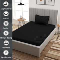 Striped Single Bedsheet With 1 Pillow Cover 60 X 90 Inches, Black | Comfortable & Durable | Elegant Printed Bedding Set For Daily Use