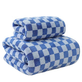 Maxoshine Microfiber Bath-Checkered Towels 390 Gsm | Bath Towel For Men & Women-Soft Coral Fleece Towel With Hook Quick Dry Super Absorbent (1 Bath Towel + 1 Hand Towel Combo) -Dark Blue