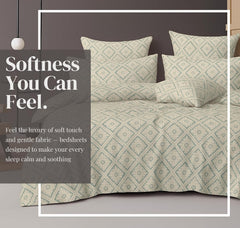 Cotton Double Bedsheets King Size With 2 Pillow Covers | Size 78 X 72+10 Inches, White & Green - All Around Elastic Fitted Design Bedsheet