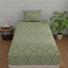 144 TC Single Bedsheet Elastic Fitted Pure Cotton With 1 Pillow Cover - 36 X 78 Inches, Sage Green | Breathable & Wrinkle Free Bedsheet