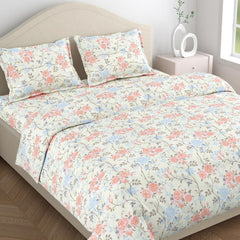 Bedsheet Double Bed For Queen Size - 100 X 90 Inches 2 Pillow Cover, Off White & Peach | Ideal For Everyday Use | Soft, Skin-Friendly & Durable Cotton Fabric