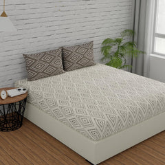 Super King Size Bedsheets 108 X 108 Inches With 2 Pillow Covers, White & Taupe | Lightweight & Breathable Cotton Bedsheet