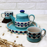 Hand Painted Turquoise Checkered Tea Set With Kettle | Ceramic Tea Kettle Set With 2 Cups, 150ml Each + 1 Kettle, 400ml + 1 Tray | 4 Pieces - Microwave Safe & Dishwasher Safe