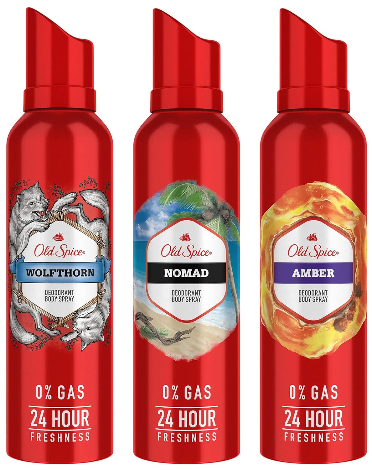 Old Spice Wolfthorn + Nomad + Amber No Gas Deodorant Perfume Body Spray For Men 140ml Each 4.7 Fl.oz. | For Men Old Spice Wolfthorn + Nomad + Amber No Gas Deodorant Perfume Body Spray For Men 140ml Each 4.7 Fl.oz. | For Men
