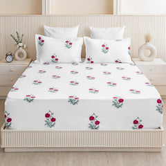 Printed Queen Size Elastic Fitted Bedsheet With 2 Pillow Covers - 78 X 72 Inches, White & Red | Perfect For Home Decor & Gifting
