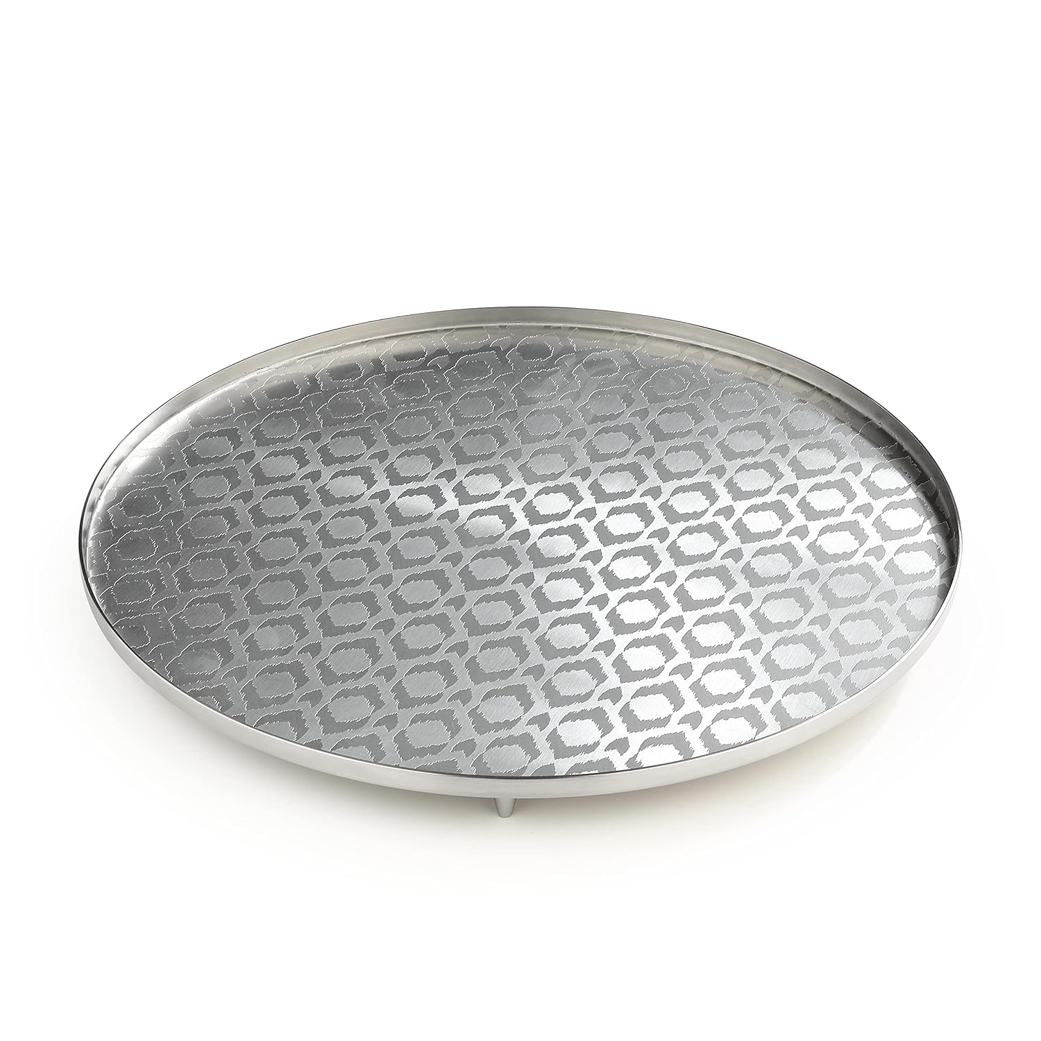Designer Chrome Stainless Steel Round Platters With Legs - Ikat Series, Engraved Pattern, Small | Serving Tray For Food Dessert Fruit Coffee Tea - Serve Ware, Dinnerware & Tableware Designer Chrome Stainless Steel Round Platters With Legs - Ikat Series, Engraved Pattern, Small | Serving Tray For Food Dessert Fruit Coffee Tea - Serve Ware, Dinnerware & Tableware