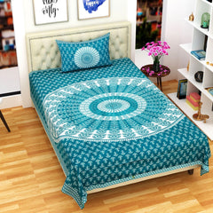 Traditional Jaipuri Single Bedsheet With 1 Pillow Cover - 56 X 86 Inches, Green & White | Good Gifting Idea For Diwali | Skin Friendly Fabric With Vibrant Colors