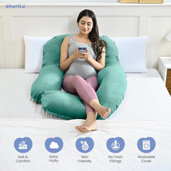Full Body G Shape Pregnancy Pillow, For Pregnant Women & Nursing Mom, Aqua Green | Single Pillow For Multipurpose Use During Maternity | Premium Velvet Cover With Zip, Adjustable Pillow
