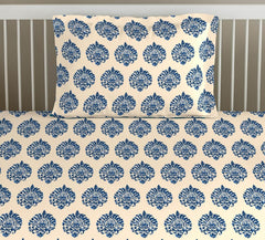 Cotton Printed Single Flat Bedsheet With 1 Pillow Cover - 60 X 100 Inches, Cream & Deep Sea Blue | Breathable & Skin Friendly Bedsheet | Ideal For Year Round Use