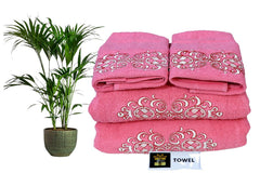 Comfigifts 100% Cotton 2 Bath & 2 Hand Towels 1400 Gsm | Soft, Absorbent, Lightweight Towels With Computerized Embroidery (Pink D2)