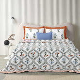 1 Queen Size Bedsheet For Double Bed With 2 Pillow Covers (90 X 108 Inches) White & Green | Beautiful Printed Designs - Breathable 100% Cotton Bedsheet Comfortable