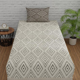 144 TC Bedsheet For Single Bed Cotton With Pillow Cover - 55 X 88 Inches, White & Taupe | Soft & Breathable Premium Printed Design Bedsheet