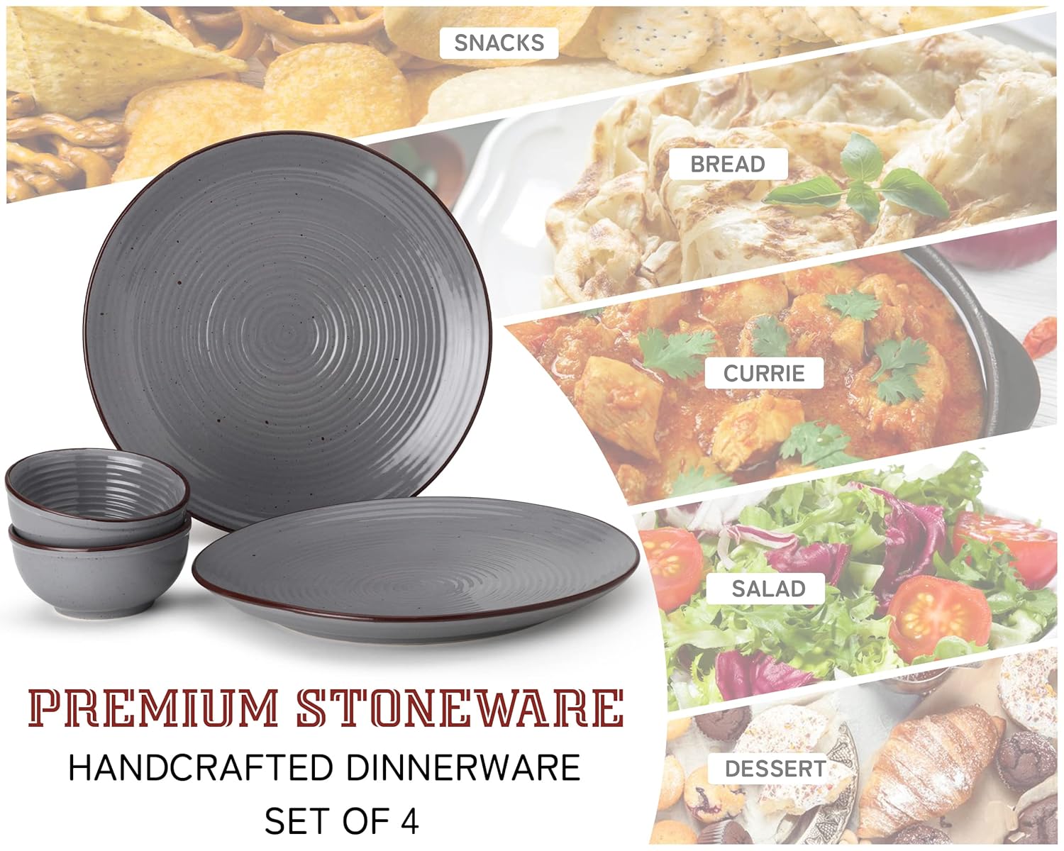 Hand Painted Ceramic Dinner Set - Pack Of 4, Grey | 2 Dinner Plates + 2 Dinner Katori, 180ml Each - Scratch Resistant, Microwave & Dishwasher Safe Hand Painted Ceramic Dinner Set - Pack Of 4, Grey | 2 Dinner Plates + 2 Dinner Katori, 180ml Each - Scratch Resistant, Microwave & Dishwasher Safe