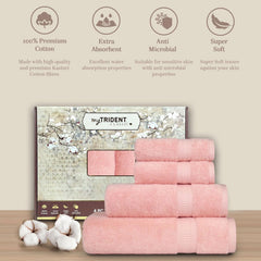 Mytrident Classic Kasturi Collection 1 Bath + 1 Small Bath & 2 Hand Towels 1200 Gsm | Highly Absorbent Towels For Bath - Tender Peach (Set Of 4)