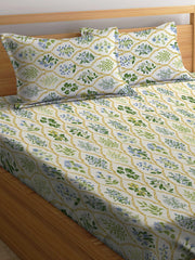 Double Bed Bedsheet With 2 Pillow Covers - 72 X 78 X 10 Inches, Yellow & Green | Elastic Fitted Printed King Size Bedsheet | Soft, Breathable & Wrinkle-Free