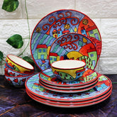Exotic Panorama Hand Painted Ceramic Dinner Set - 12 Pieces, Multicolor | 4 Dinner Plates + 4 Katori Bowls, 180ml Each+ 4 Quarter Plates Dinnerware Set | Serving For 4, Microwave & Dishwasher Safe