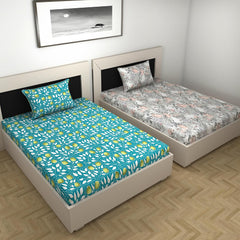 Combo 2 Single Bedsheet With 2 Pillow Cover - 57 X 87 Inches, Green & Grey | 144 Thread Count Lightweight, Soft, Skin Friendly - Durable Bedsheets For Everyday Comfort