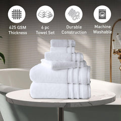Mytrident Finesse 100% Cotton 2 Bath + 2 Hand & 2 Face Towels 1800 Gsm (White) -6 Piece