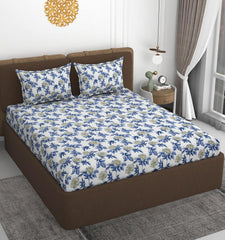 All Around Elastic Fitted Bedsheets King Size With 2 Pillow Covers | Double Size 72 X 78 X 10 Inches, White & Blue - Ideal For Hotel, House, Bedroom, Guest House