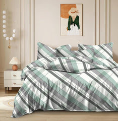 Glace Cotton Elastic Fitted Printed Double Bed King Size Bedsheet With 2 Pillow Cover | 72 X 72 Inches, Grey & Green - Wrinkle Resistant, Breathable Bedsheet