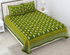 Pure 100% Cotton Double Bed Sheet With 2 Pillow Covers - 90 X 100 Inches, Green | Beautifully Handcrafted Traditional Bedsheets - Skin Friendly Fabric