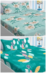 2 Double Bedsheet With 4 Pillow Covers - 90 X 90 Inches, Dark Green & Sea Green | 180 TC Soft Brushed Cotton Blend -Long Lasting & Wrinkle Free