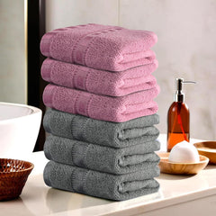 Heart Home Cotton Hand & Face Towels 1200 Gsm | For Men & Women Easily Washable Workout Gym Towel - Grey & Pink (Pack Of 6)