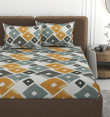 1 Double Bedsheet With 2 Pillow Covers Size 60 X 78 X 8 Inches, Grey & Yellow | Cotton Feel All Around Elastic Fitted - Queen Size Bedsheets, Super Soft