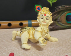 Laddu Gopal Gold Plated Off-White Idol, Bal Gopal, Little Krishna, Synthetic Resin, Makhan Chor Statue, Made In India Using High-Quality Idol, Durable, Special Occasions
