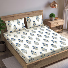 100% Cotton King Size For Double Bedsheet With 2 Pillow Covers - 72 X 78 Inches, Cream & Blue | Durable & Long Lasting Fabric, Easy Hand & Machine Wash