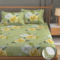 Elastic Fitted Double Bedsheets For King Size With 2 Pillow Covers - 72 X 78 X 10 Inches, Light Green | Premium Heavy Cotton All Around Elastic Fitted | Ideal For Hotel, Home, Bedroom