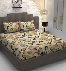 Premium Heavy Cotton Elastic Fitted King Size Bedsheet With 2 Pillow Covers - 72 X 78 X 10 Inches, Beige | All Weather Comfort & Bedroom